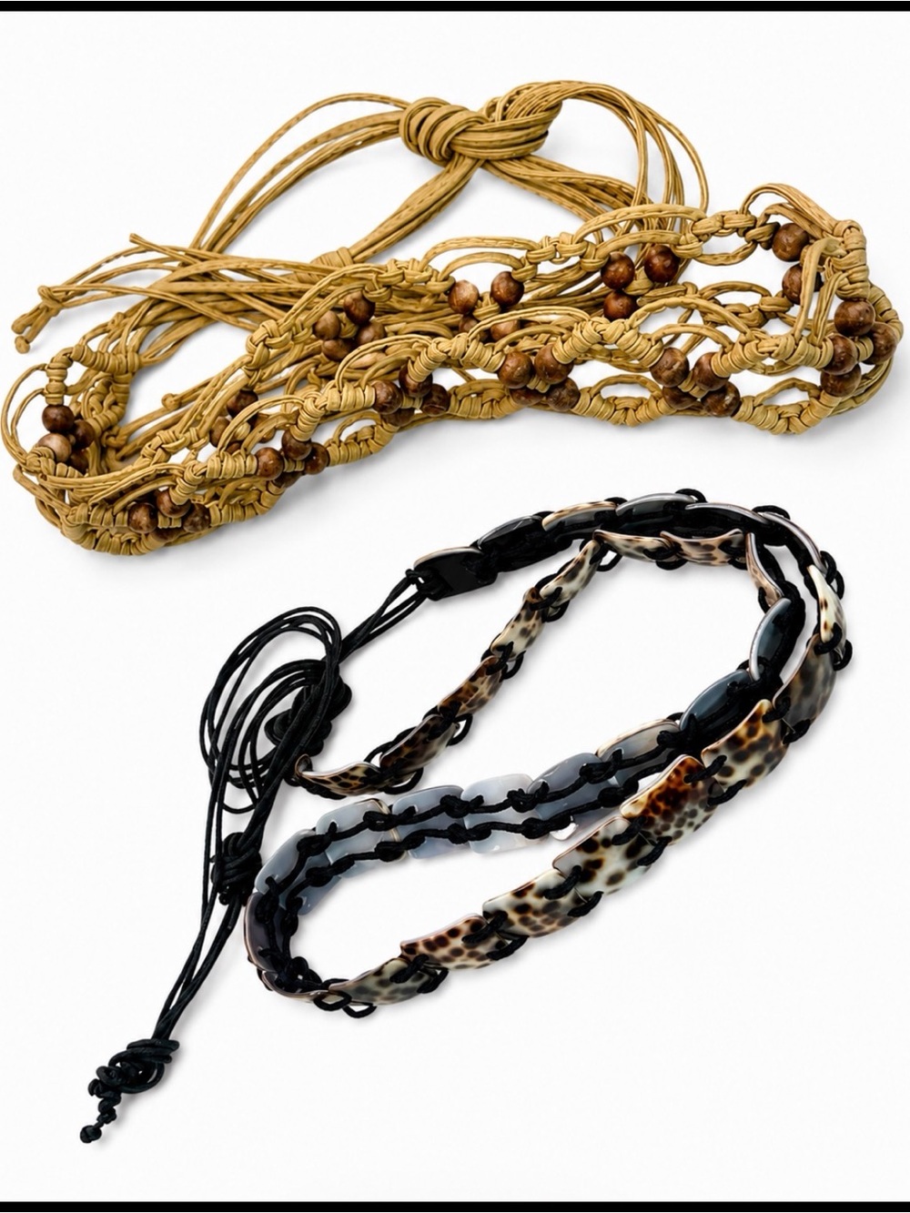 Cara NY Tortoiseshell Cord Belt + Tan Macrame Beaded Tie Belt Set